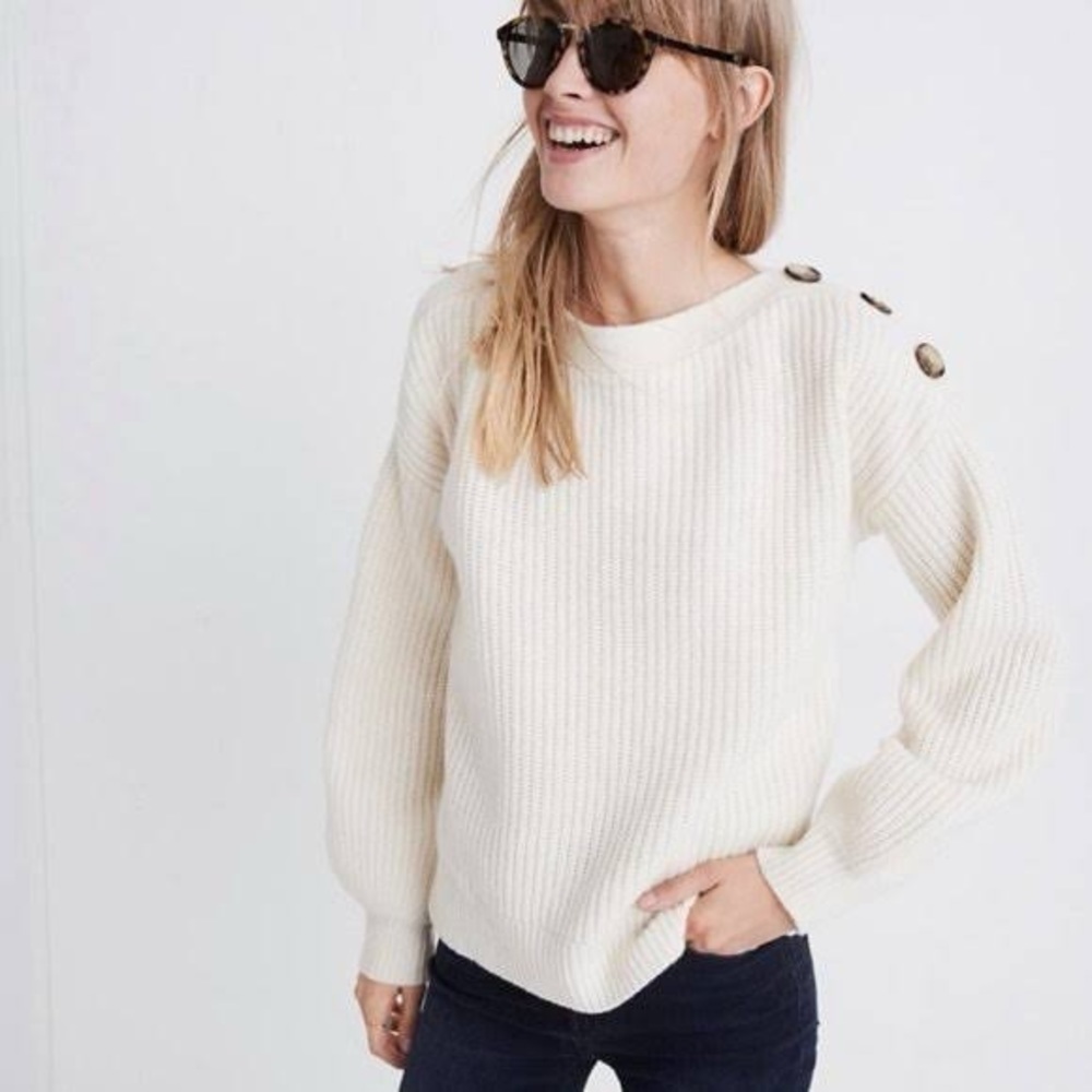 Madewell Boatneck Button Shoulder Cream Wool Blend Balloon Sleeve Sweater Small
